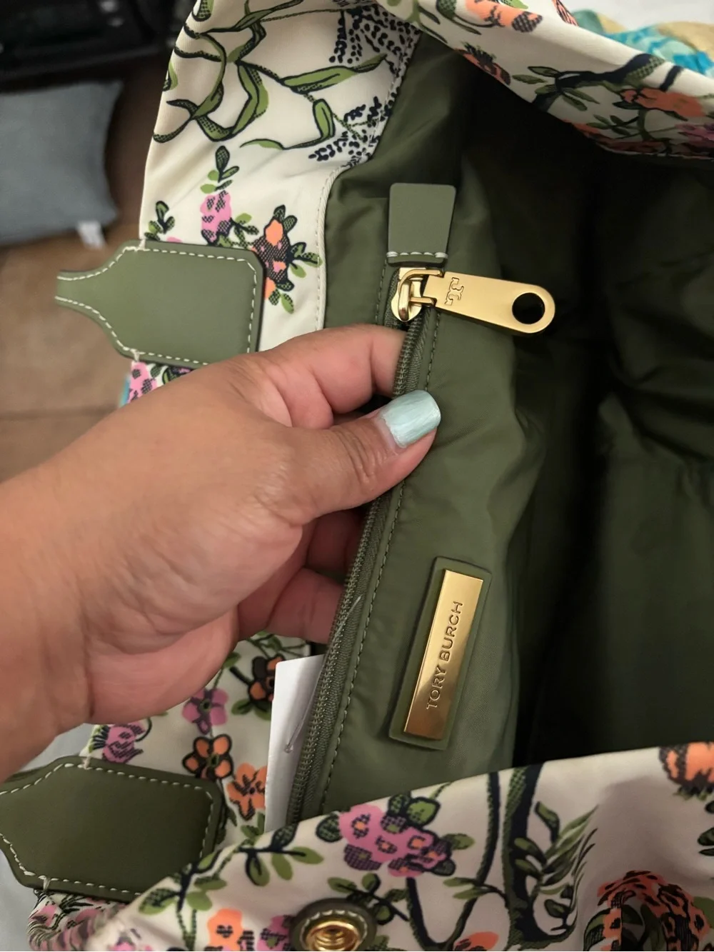 Tory Burch Ivory Floral Canvas Tote with Olive Green Trim